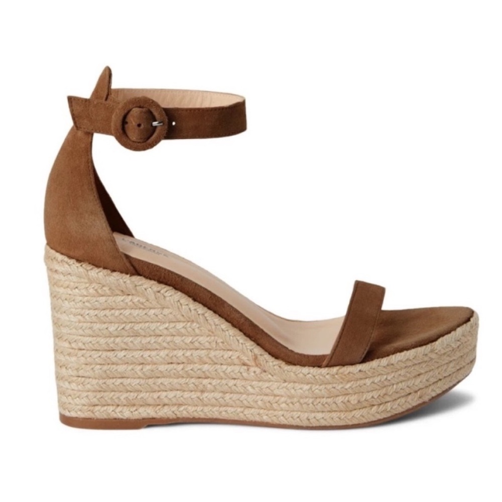 L'AGENCE Tan Suede Ankle-Strap Espadrille Wedges